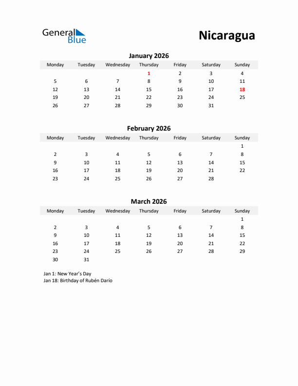 Printable Quarterly Calendar with Notes and Nicaragua Holidays- Q1 of 2026