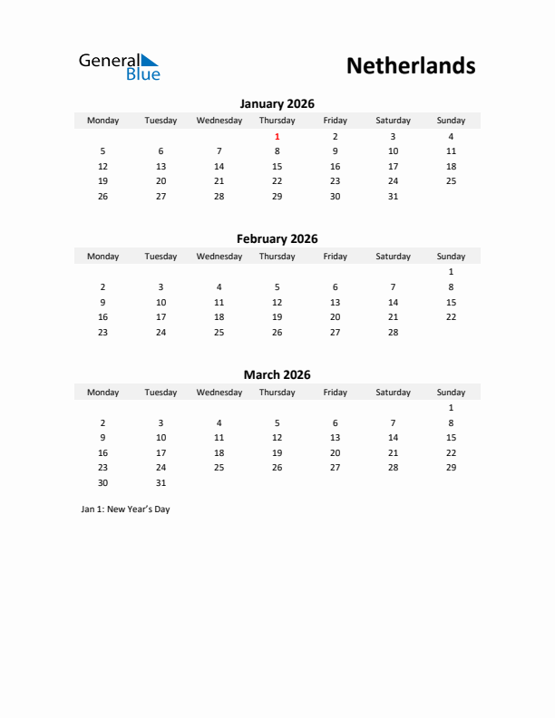 Printable Quarterly Calendar with Notes and The Netherlands Holidays- Q1 of 2026