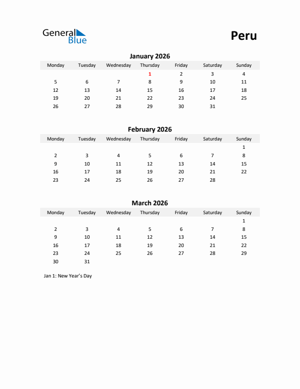 Printable Quarterly Calendar with Notes and Peru Holidays- Q1 of 2026