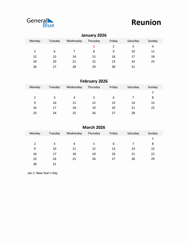 Printable Quarterly Calendar with Notes and Reunion Holidays- Q1 of 2026