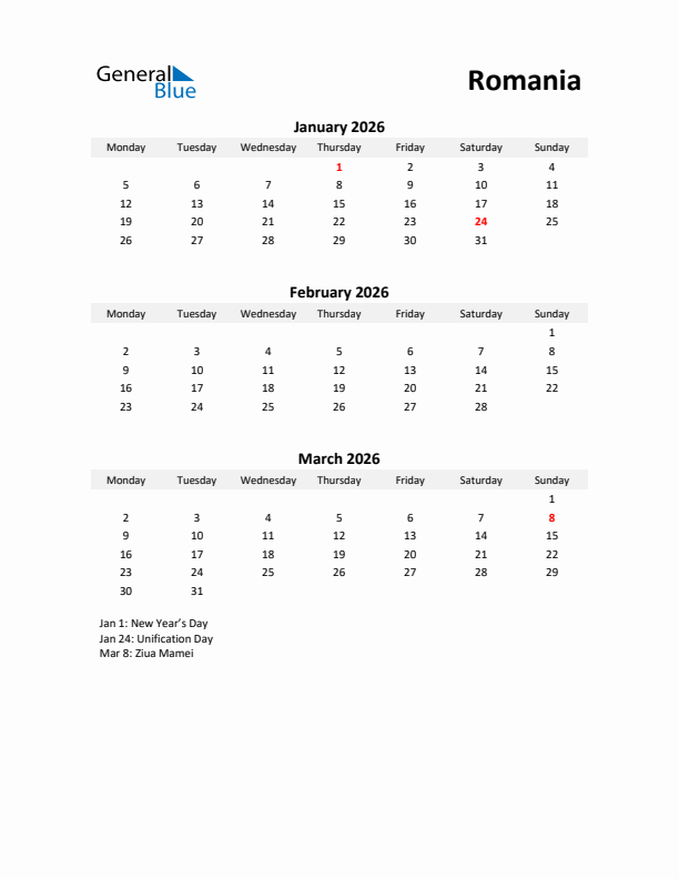 Printable Quarterly Calendar with Notes and Romania Holidays- Q1 of 2026