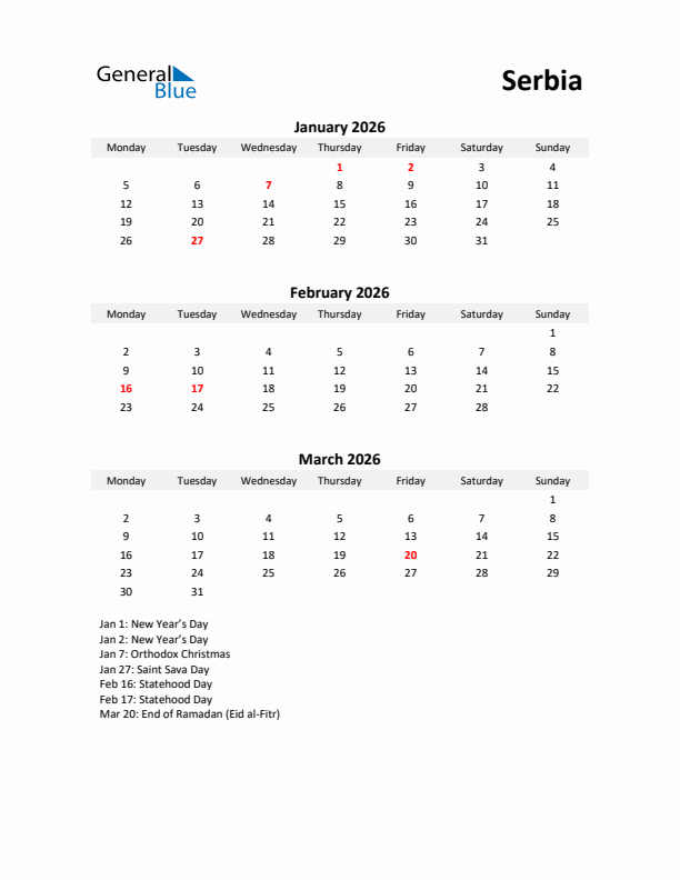 Printable Quarterly Calendar with Notes and Serbia Holidays- Q1 of 2026