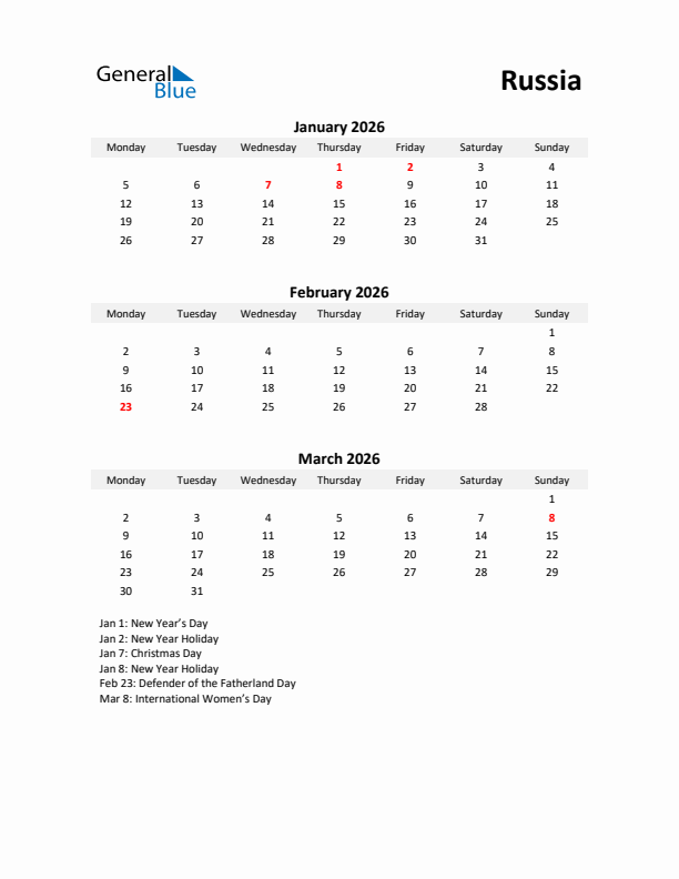 Printable Quarterly Calendar with Notes and Russia Holidays- Q1 of 2026