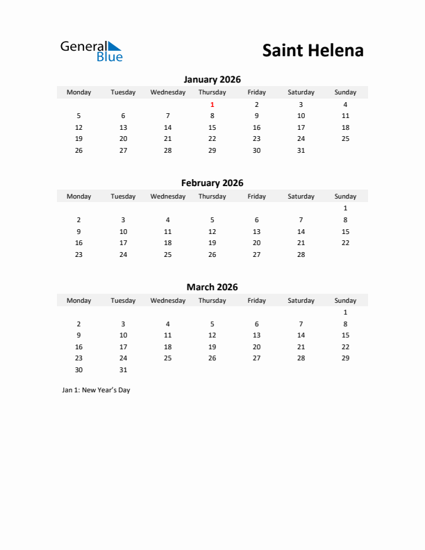 Printable Quarterly Calendar with Notes and Saint Helena Holidays- Q1 of 2026