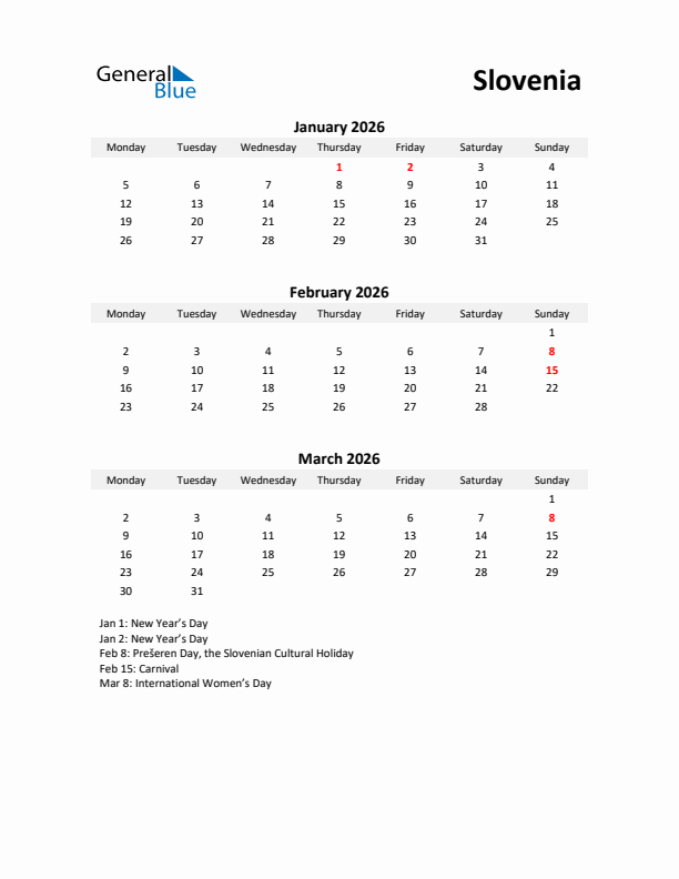 Printable Quarterly Calendar with Notes and Slovenia Holidays- Q1 of 2026