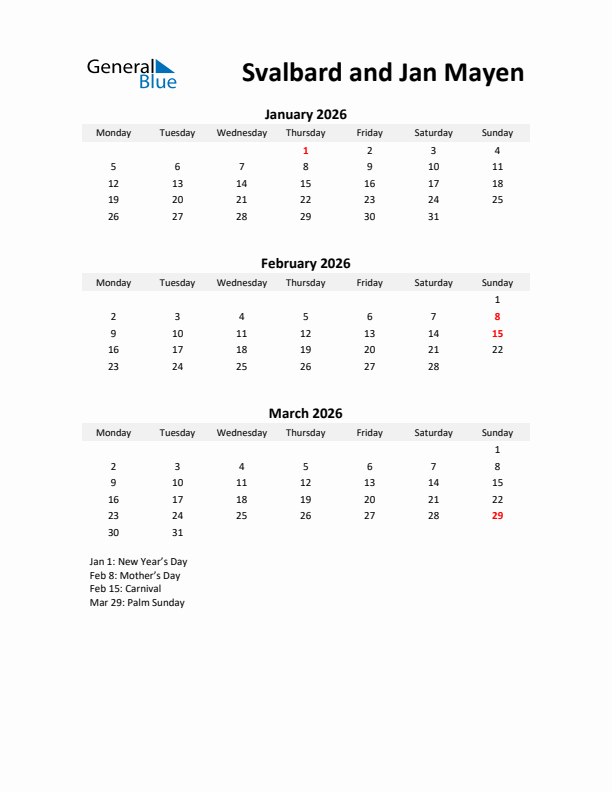 Printable Quarterly Calendar with Notes and Svalbard and Jan Mayen Holidays- Q1 of 2026