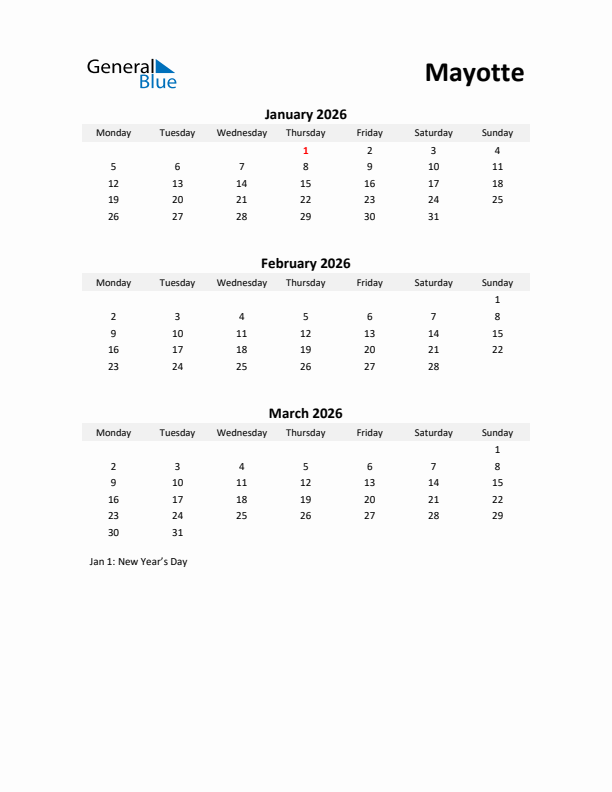 Printable Quarterly Calendar with Notes and Mayotte Holidays- Q1 of 2026