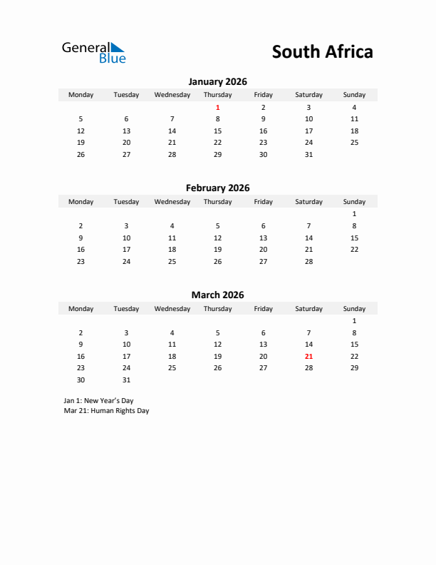 Printable Quarterly Calendar with Notes and South Africa Holidays- Q1 of 2026