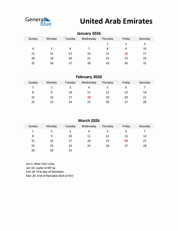 Printable Quarterly Calendar with Notes and United Arab Emirates Holidays- Q1 of 2026