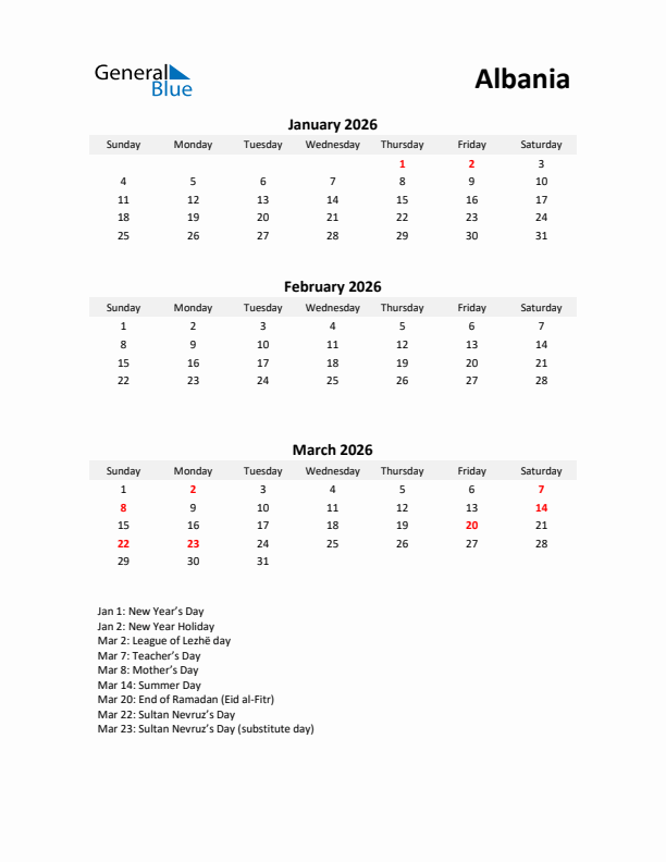 Printable Quarterly Calendar with Notes and Albania Holidays- Q1 of 2026