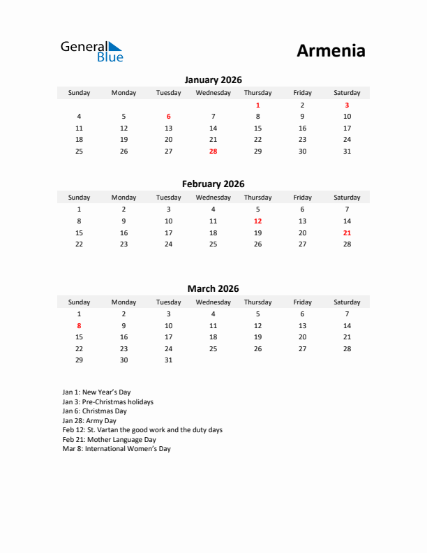 Printable Quarterly Calendar with Notes and Armenia Holidays- Q1 of 2026