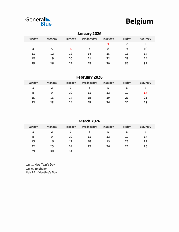 Printable Quarterly Calendar with Notes and Belgium Holidays- Q1 of 2026