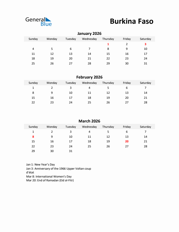 Printable Quarterly Calendar with Notes and Burkina Faso Holidays- Q1 of 2026