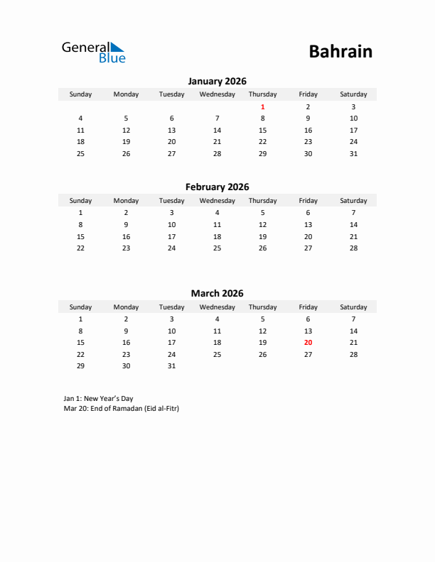 Printable Quarterly Calendar with Notes and Bahrain Holidays- Q1 of 2026