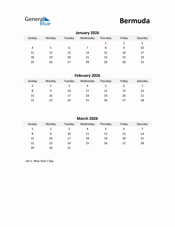 Printable Quarterly Calendar with Notes and Bermuda Holidays- Q1 of 2026