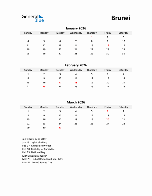 Printable Quarterly Calendar with Notes and Brunei Holidays- Q1 of 2026