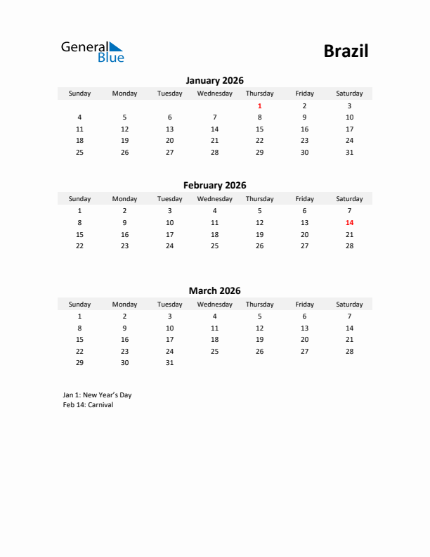 Printable Quarterly Calendar with Notes and Brazil Holidays- Q1 of 2026