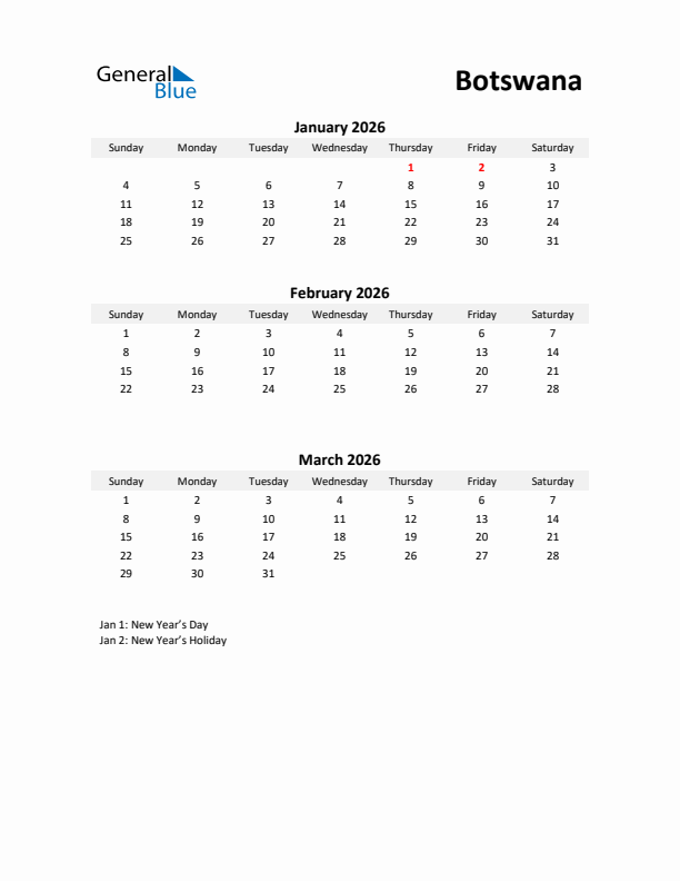 Printable Quarterly Calendar with Notes and Botswana Holidays- Q1 of 2026