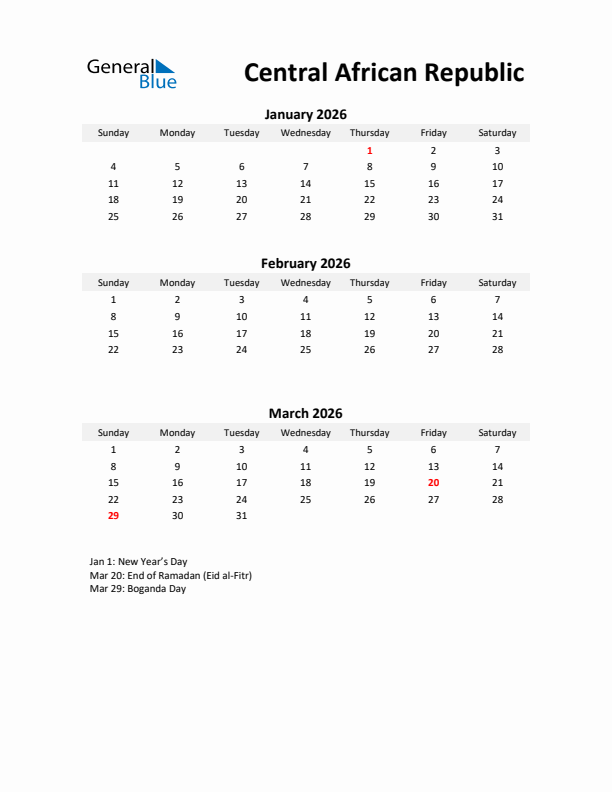 Printable Quarterly Calendar with Notes and Central African Republic Holidays- Q1 of 2026