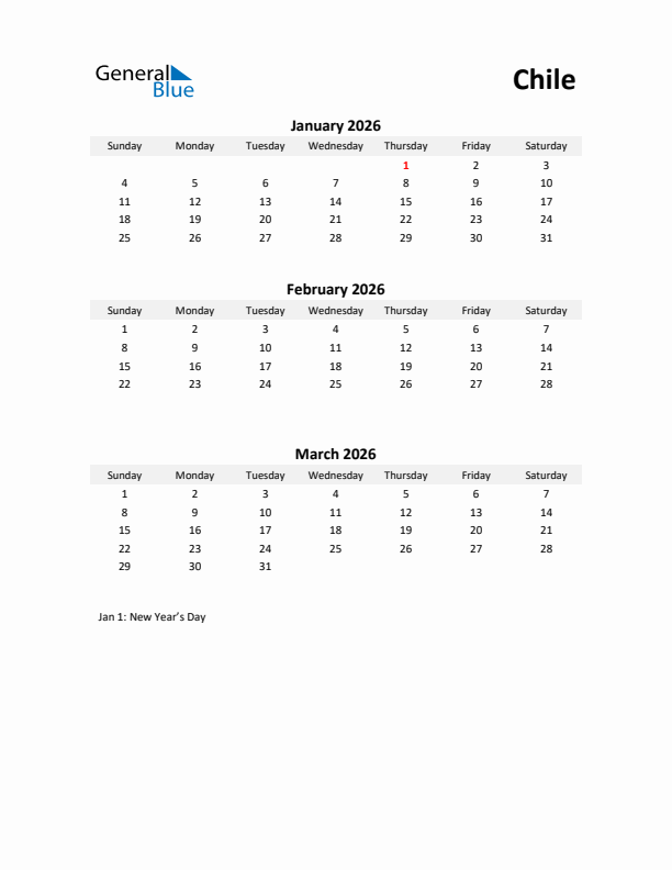 Printable Quarterly Calendar with Notes and Chile Holidays- Q1 of 2026