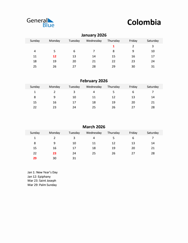 Printable Quarterly Calendar with Notes and Colombia Holidays- Q1 of 2026