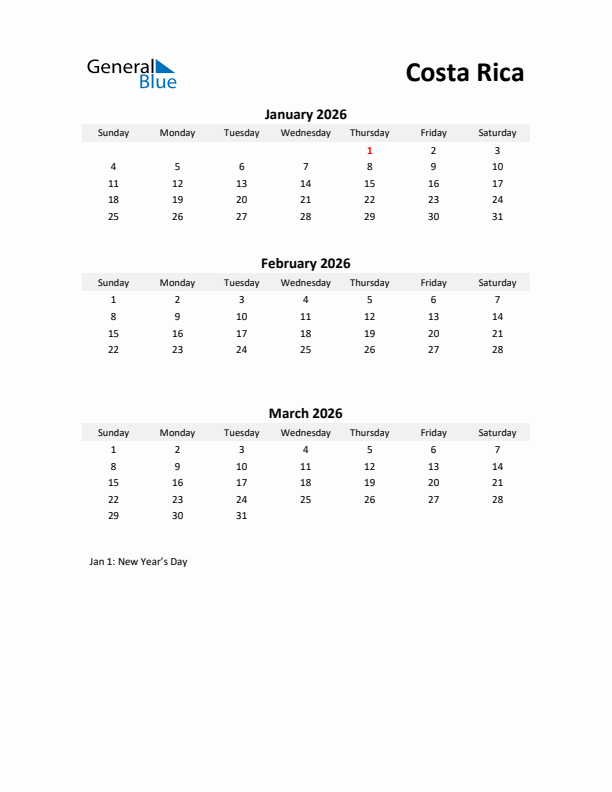 Printable Quarterly Calendar with Notes and Costa Rica Holidays- Q1 of 2026