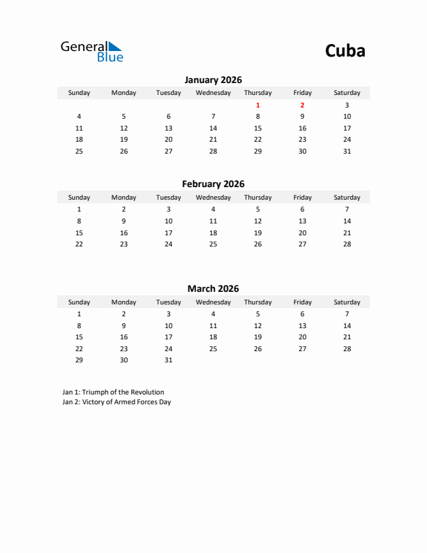 Printable Quarterly Calendar with Notes and Cuba Holidays- Q1 of 2026