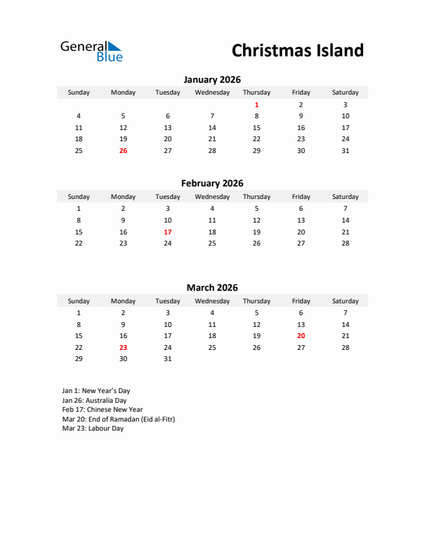 Printable Quarterly Calendar with Notes and Christmas Island Holidays- Q1 of 2026