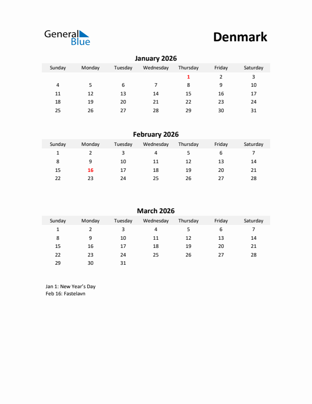 Printable Quarterly Calendar with Notes and Denmark Holidays- Q1 of 2026