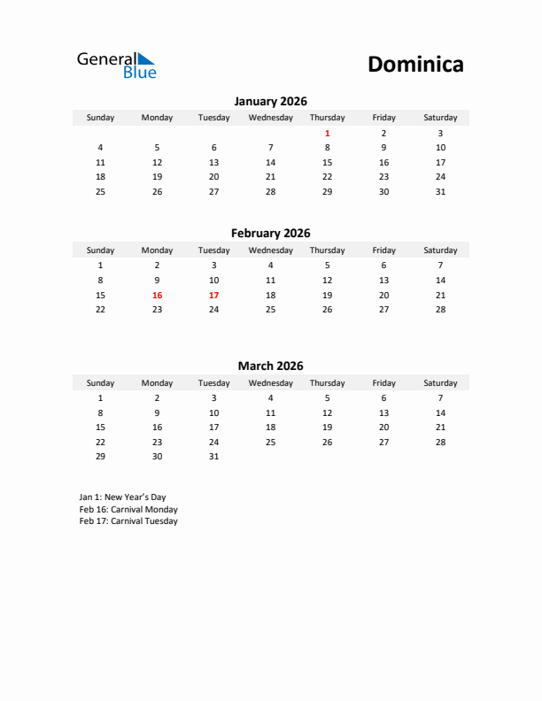 Printable Quarterly Calendar with Notes and Dominica Holidays- Q1 of 2026