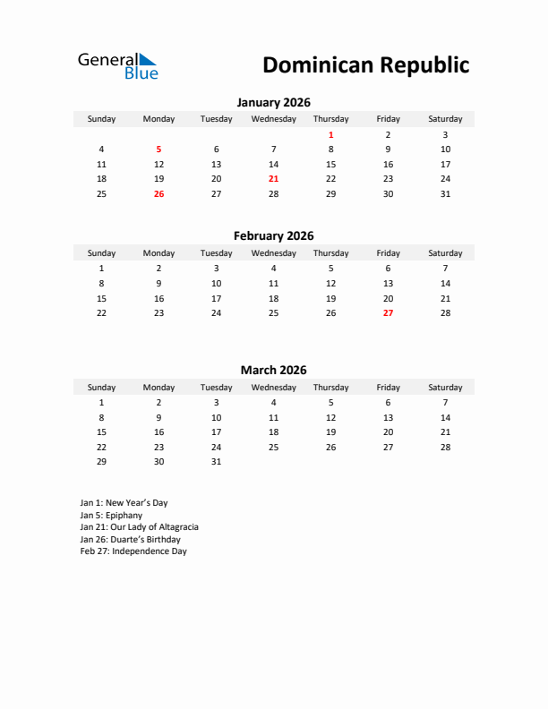 Printable Quarterly Calendar with Notes and Dominican Republic Holidays- Q1 of 2026