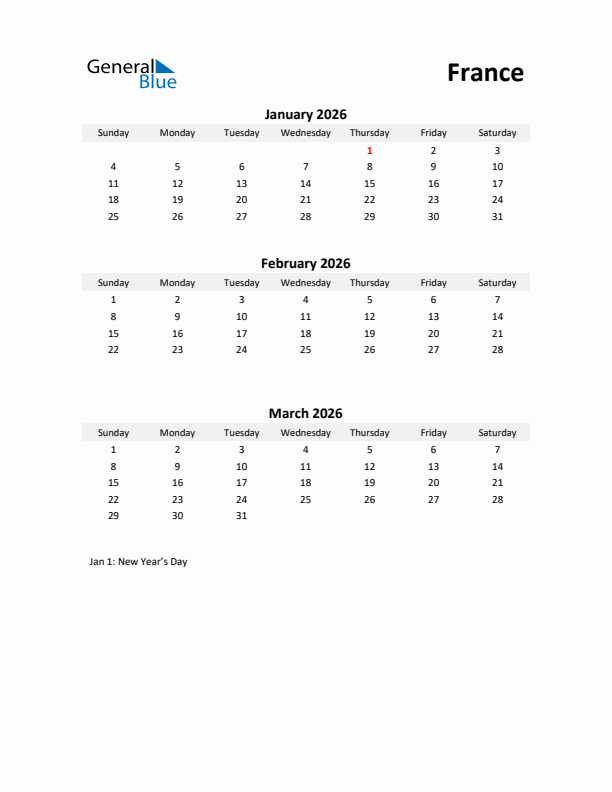 Printable Quarterly Calendar with Notes and France Holidays- Q1 of 2026