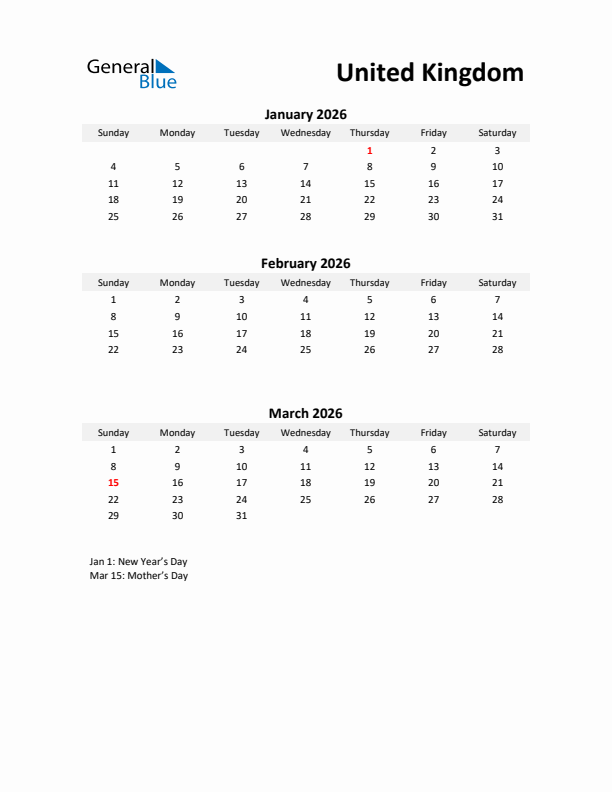 Printable Quarterly Calendar with Notes and United Kingdom Holidays- Q1 of 2026