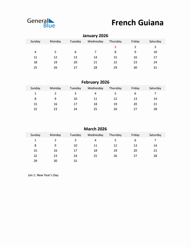 Printable Quarterly Calendar with Notes and French Guiana Holidays- Q1 of 2026