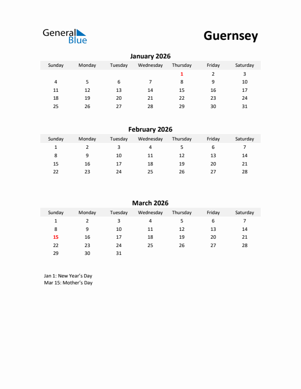 Printable Quarterly Calendar with Notes and Guernsey Holidays- Q1 of 2026