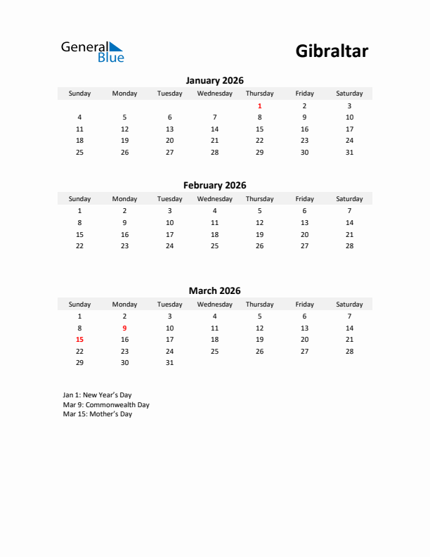 Printable Quarterly Calendar with Notes and Gibraltar Holidays- Q1 of 2026