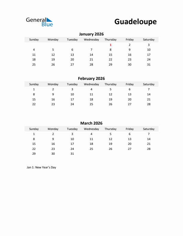 Printable Quarterly Calendar with Notes and Guadeloupe Holidays- Q1 of 2026