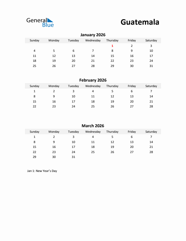 Printable Quarterly Calendar with Notes and Guatemala Holidays- Q1 of 2026