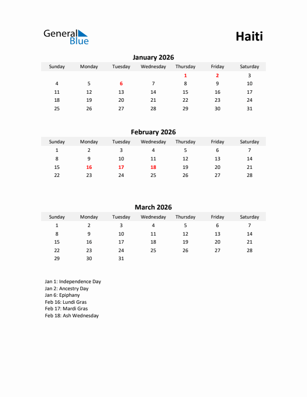 Printable Quarterly Calendar with Notes and Haiti Holidays- Q1 of 2026