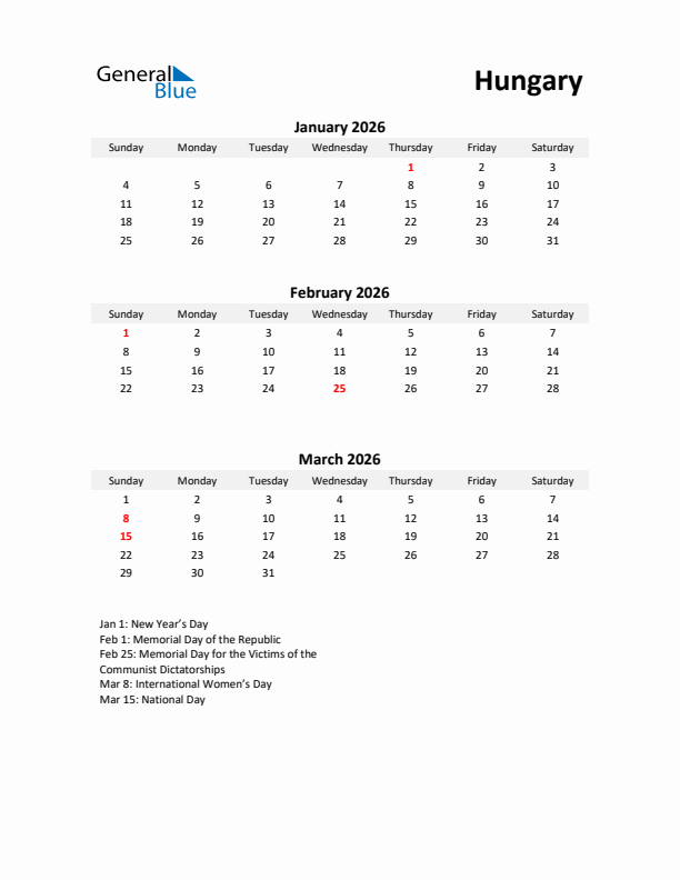 Printable Quarterly Calendar with Notes and Hungary Holidays- Q1 of 2026