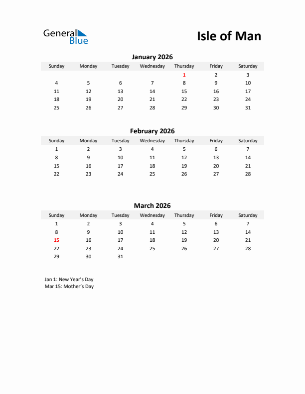 Printable Quarterly Calendar with Notes and Isle of Man Holidays- Q1 of 2026