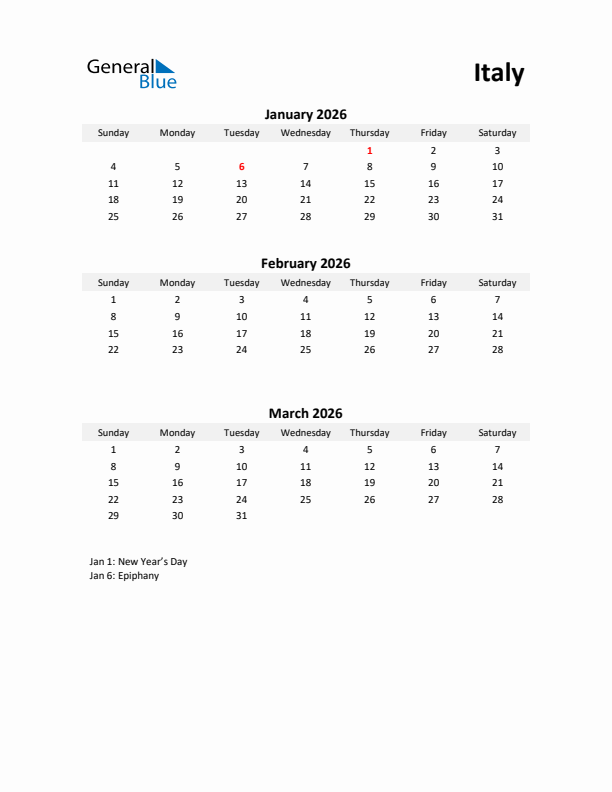 Printable Quarterly Calendar with Notes and Italy Holidays- Q1 of 2026