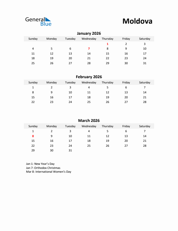 Printable Quarterly Calendar with Notes and Moldova Holidays- Q1 of 2026