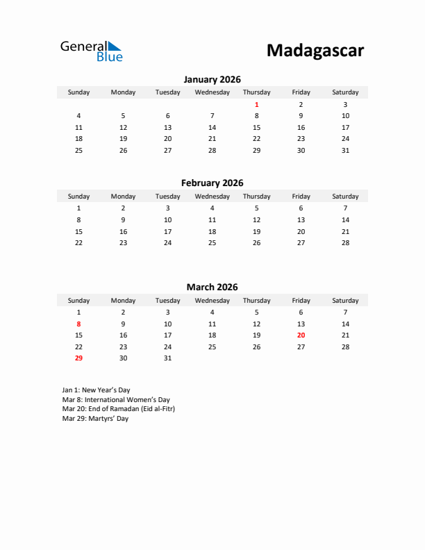 Printable Quarterly Calendar with Notes and Madagascar Holidays- Q1 of 2026