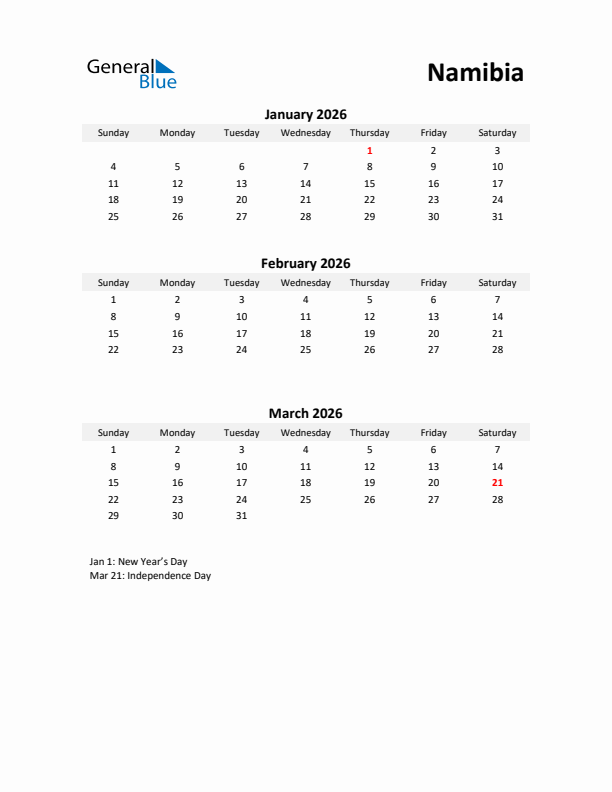 Printable Quarterly Calendar with Notes and Namibia Holidays- Q1 of 2026