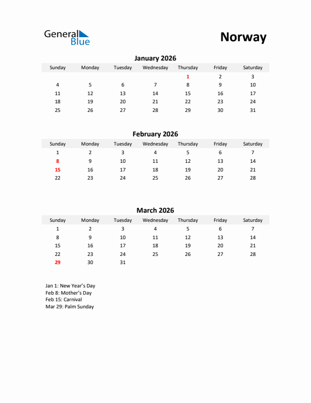 Printable Quarterly Calendar with Notes and Norway Holidays- Q1 of 2026