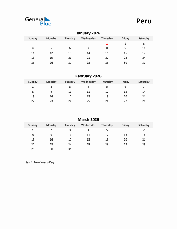 Printable Quarterly Calendar with Notes and Peru Holidays- Q1 of 2026