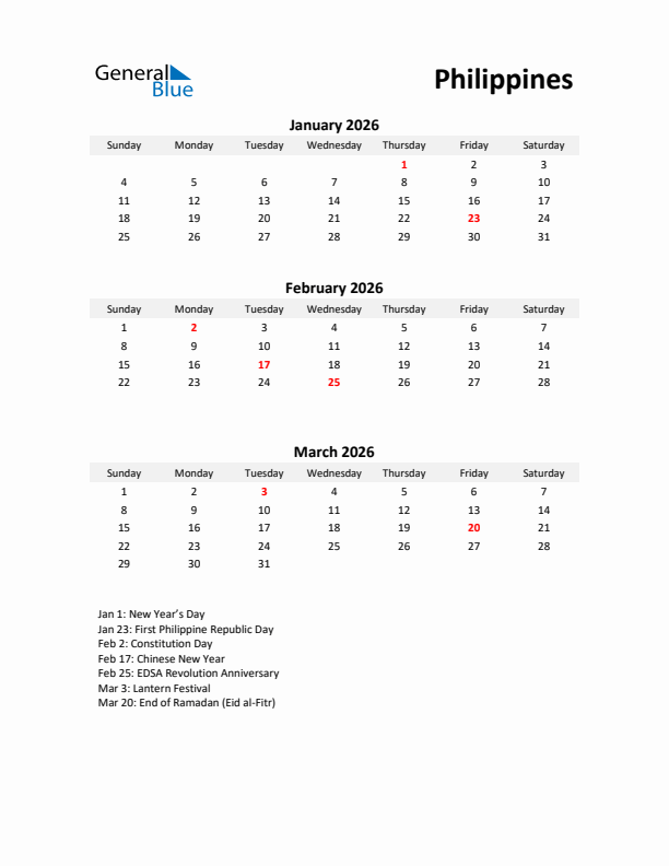 Printable Quarterly Calendar with Notes and Philippines Holidays- Q1 of 2026