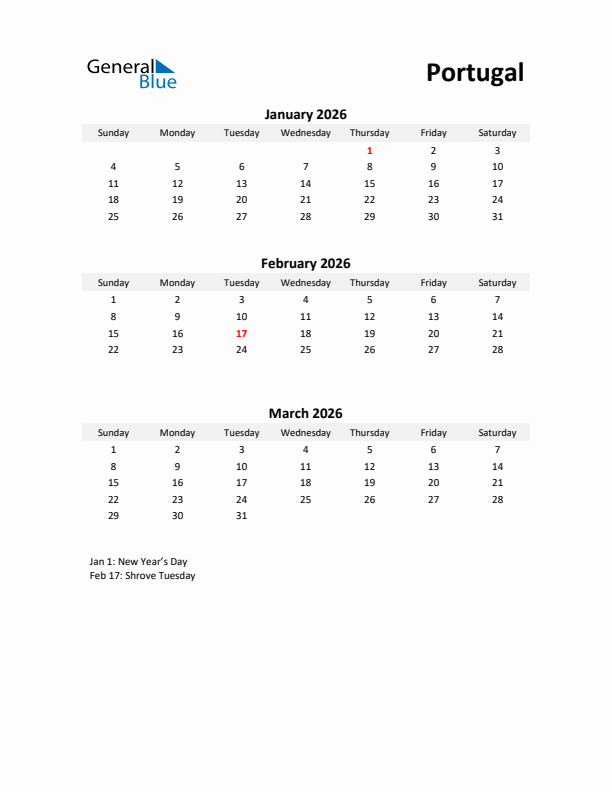 Printable Quarterly Calendar with Notes and Portugal Holidays- Q1 of 2026