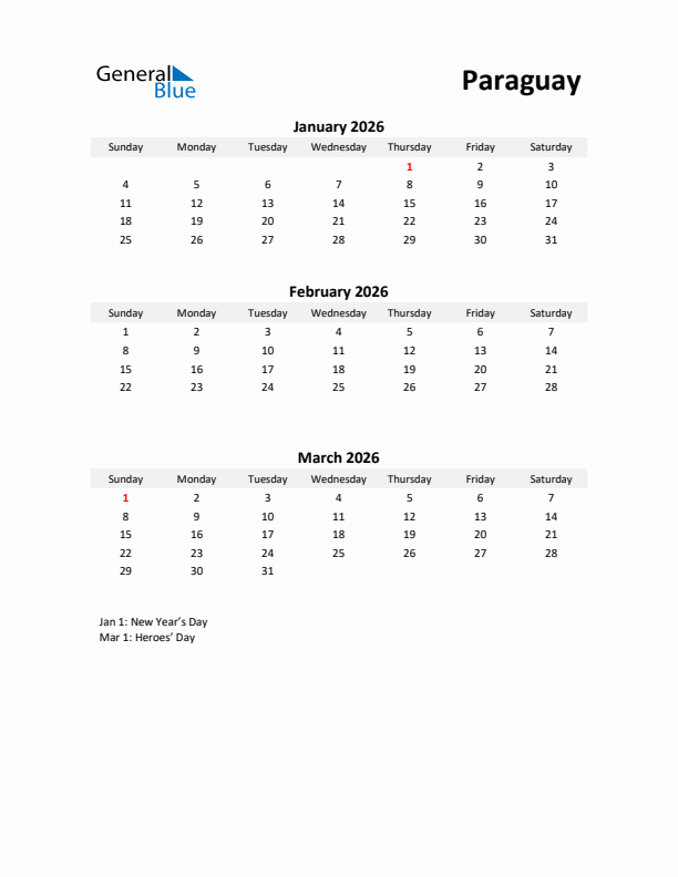 Printable Quarterly Calendar with Notes and Paraguay Holidays- Q1 of 2026